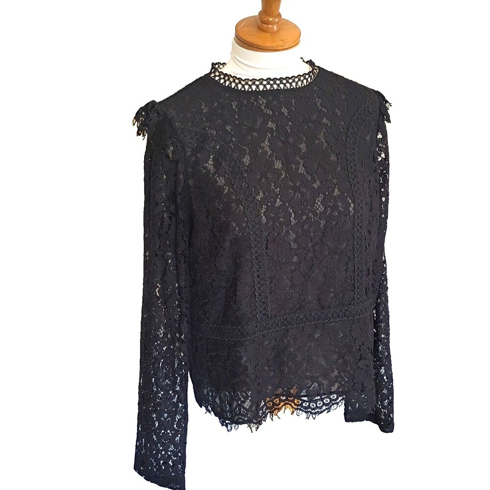 Express Victorian Goth Coquette Black Lace Long Sleeve Shirt Size Large